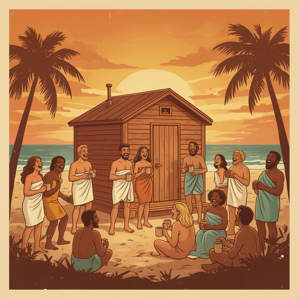 Diverse community of sauna goers laughing together at sunset